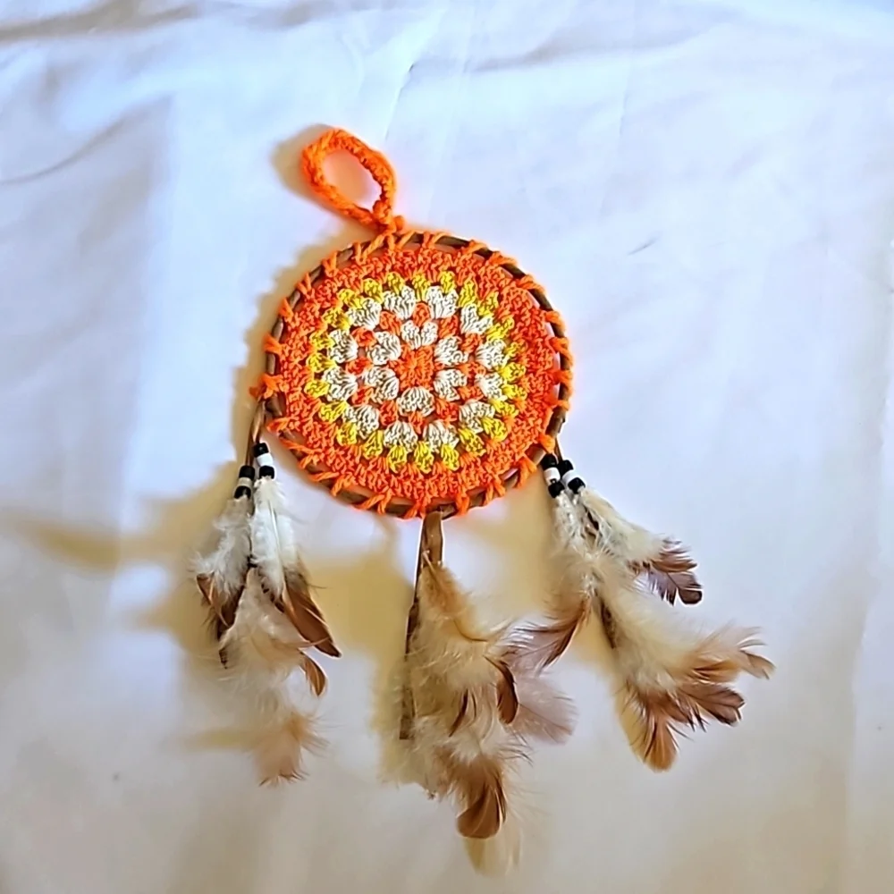 Hand Crafted Dreamcatcher Crochet orange handmade knit floral fall decor
